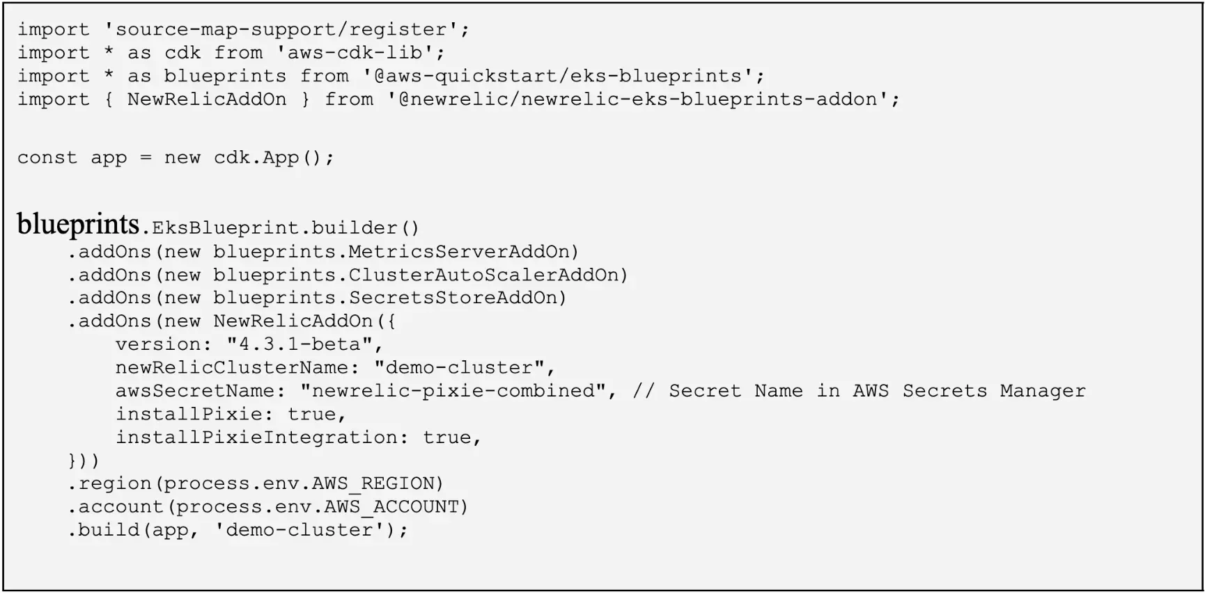 New Relic add-on for EKS Blueprints code. New Relic add-on for EKS Blueprints code.