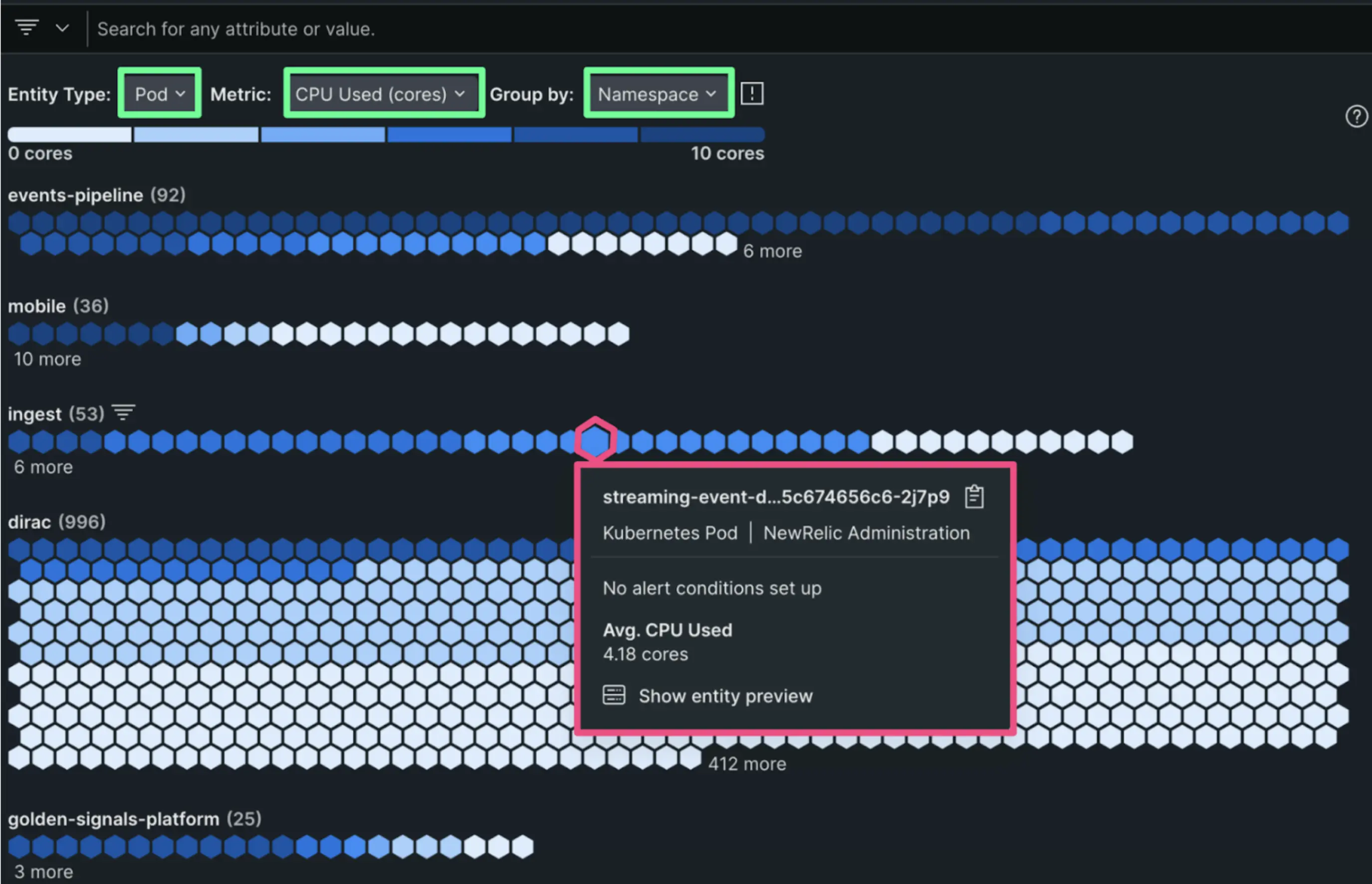 A screenshot showing CPU usage by Pod grouped by Namespace. A screenshot showing CPU usage by Pod grouped by Namespace.