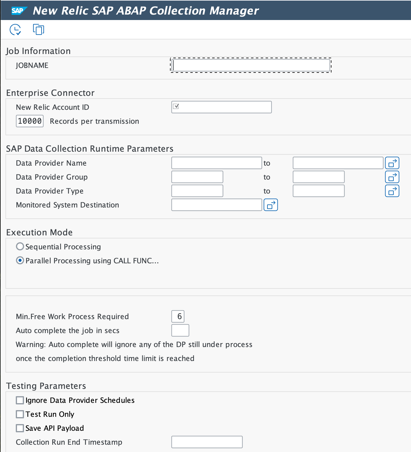 SAP ABAP Collection Manager variant configuration A screenshot displaying the SAP ABAP Collection Manager variant configuration screen
