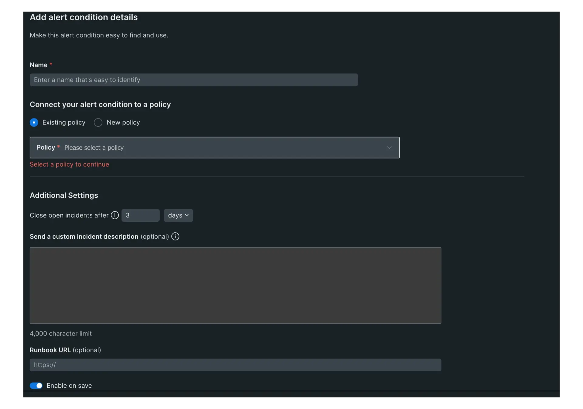 Alert condition details A screenshot displaying how to create the details for an alert