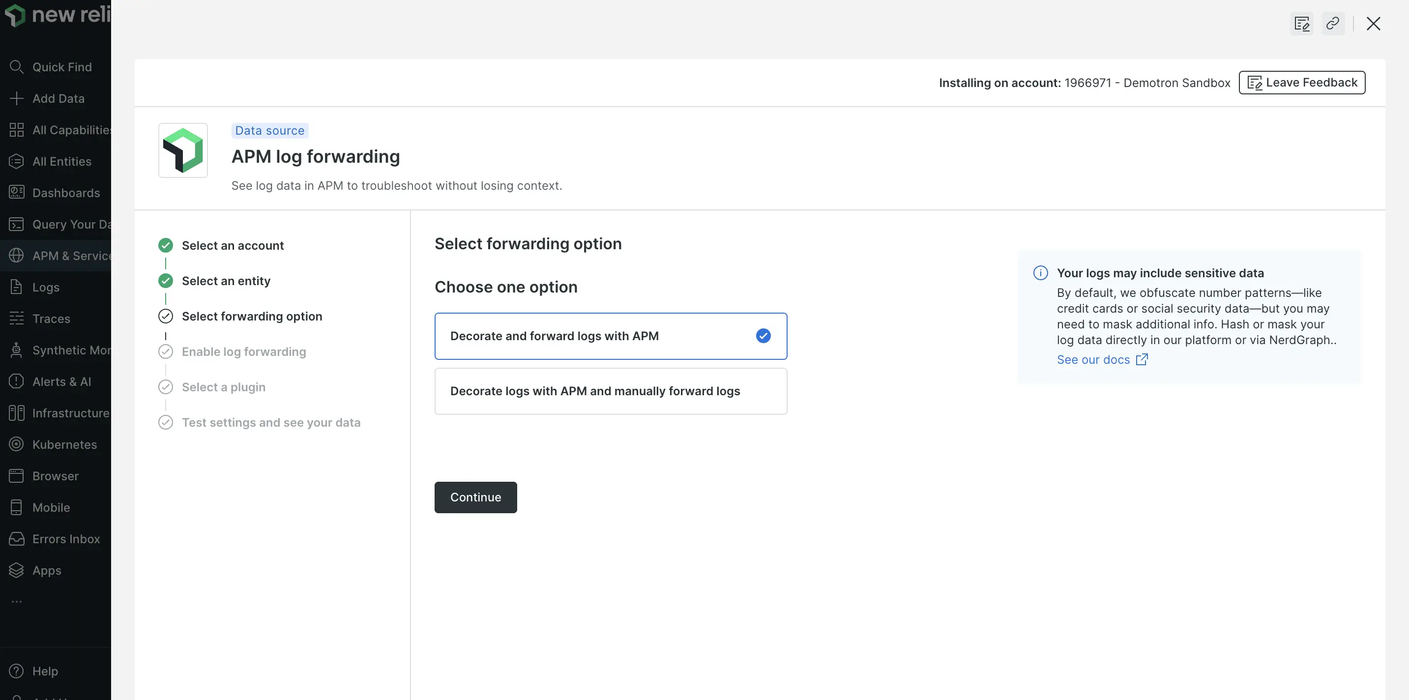 A screenshot that show onboarding workflow for APM log forwarding Log forwarding onboarding