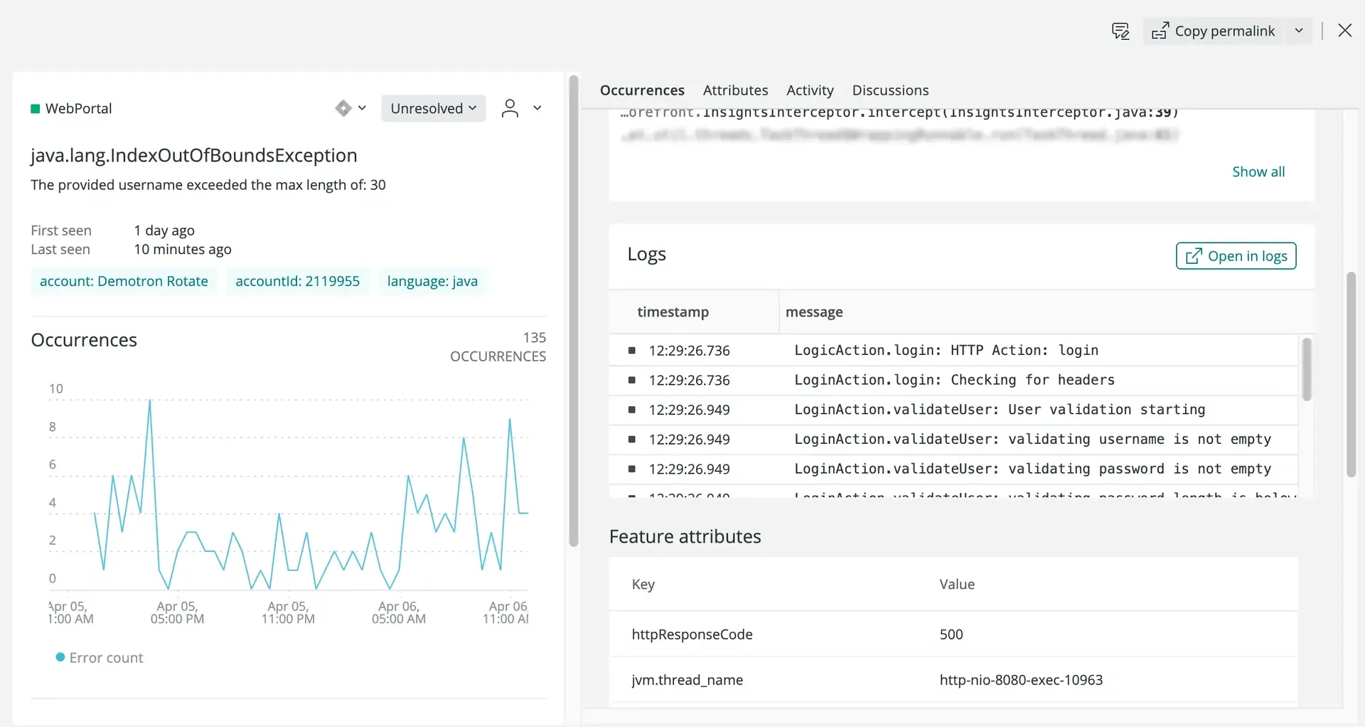 Logs from Errors inbox UI Screenshot of logs from Errors inbox UI