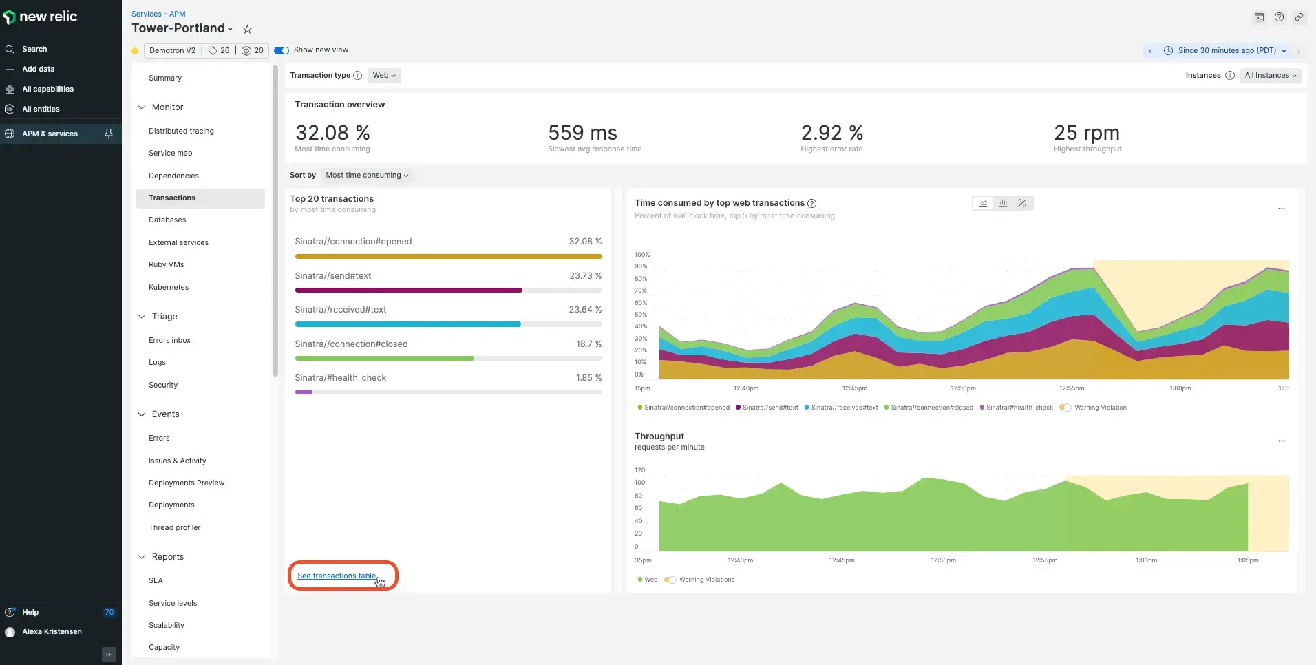 Find APM transaction table Where to find the APM transaction table link from Transactions in the UI