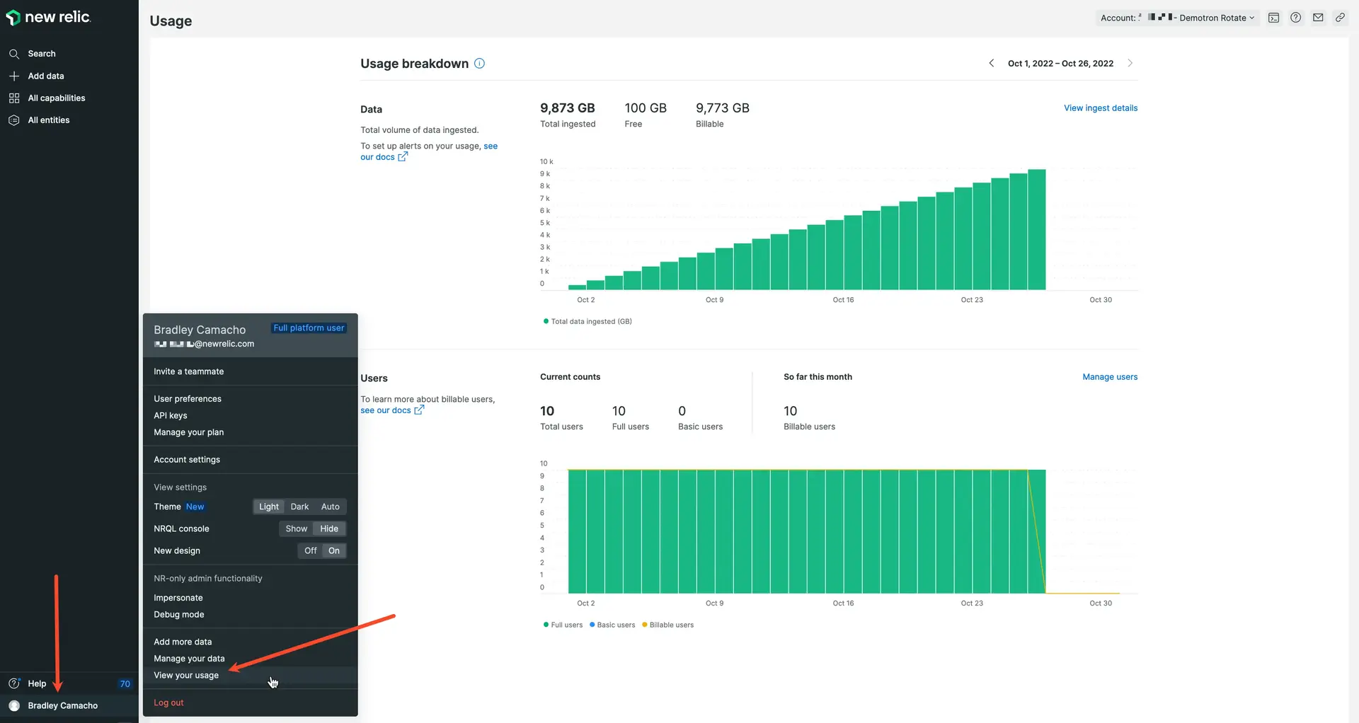 View data and usage from UI Screenshot of View data and usage page in UI