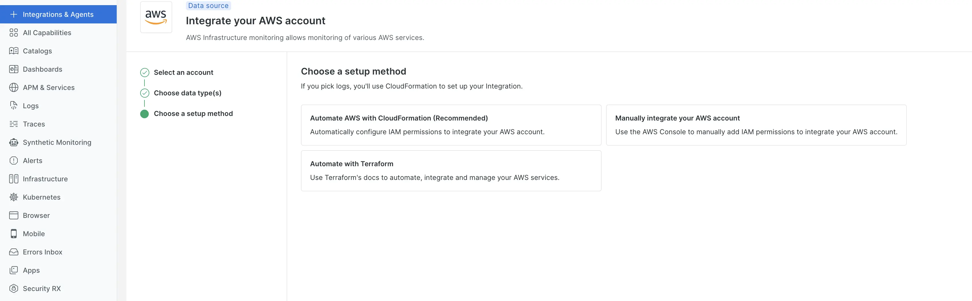 AWS integration setup Screenshot showing the AWS integration setup page with Security Hub configurations option selected