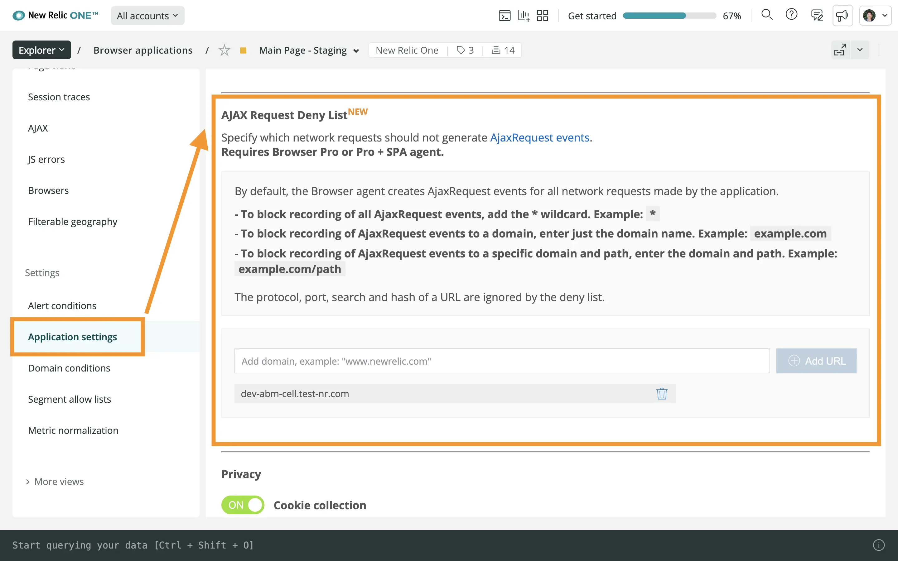 Browser with AJAX Settings Highlighted New AJAX settings