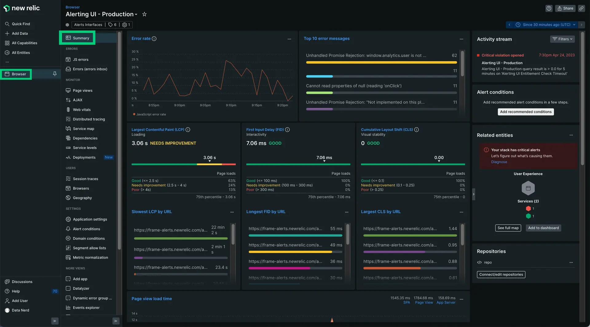 Improve your site with New Relic New Relic browser agent summary page.