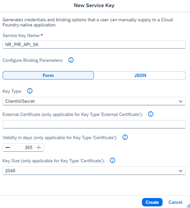BTP New Service Key The Create Service Key dialog showing Service Key Name and Key Type fields