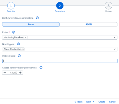 BTP Roles and Grant Types The configuration screen showing Roles and Grant-types fields with MonitoringDataRead role selected