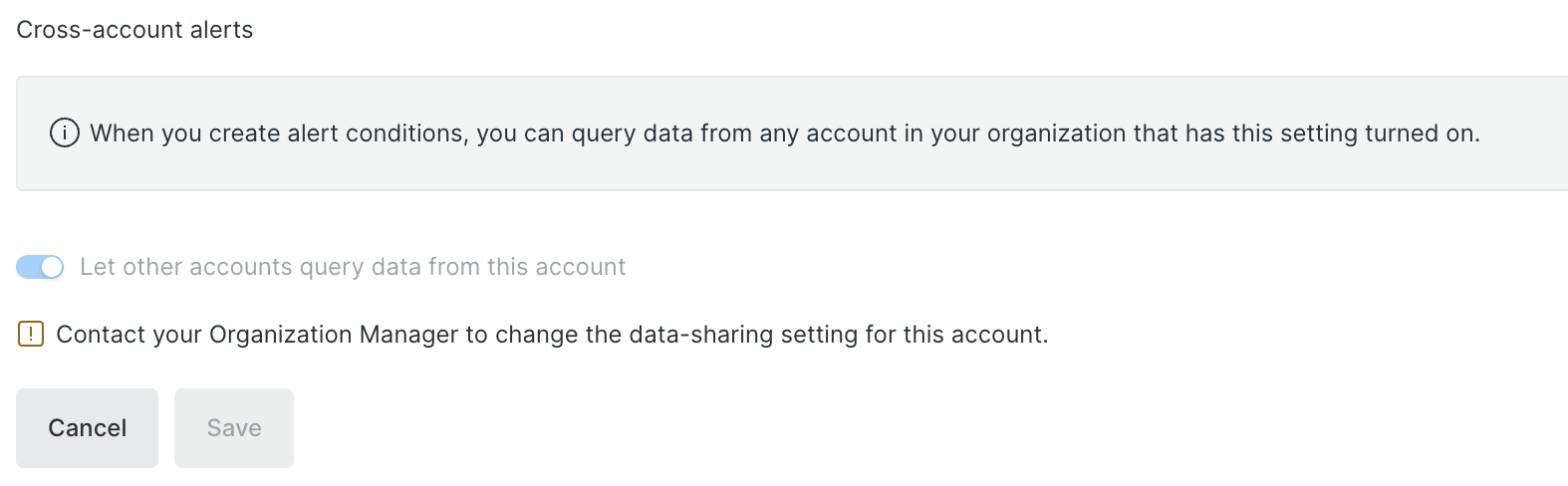 Screenshot showing account opt in for data sharing for cross account alerts "Screenshot showing account opt in for data sharing for cross account alerts"