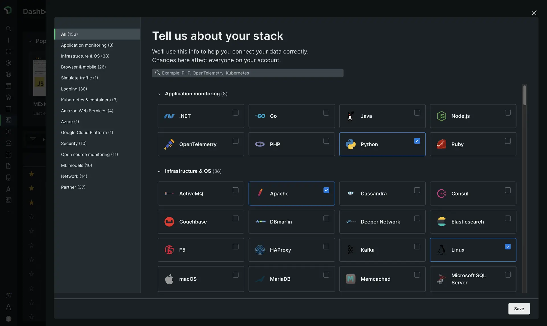 tell us about your stack A screenshot depicting how to tell New Relic about how your stack was built