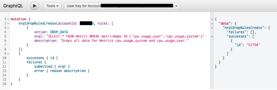 drop-metrics-graphql.webp Screenshot showing a query in NerdGraph to drop metrics.