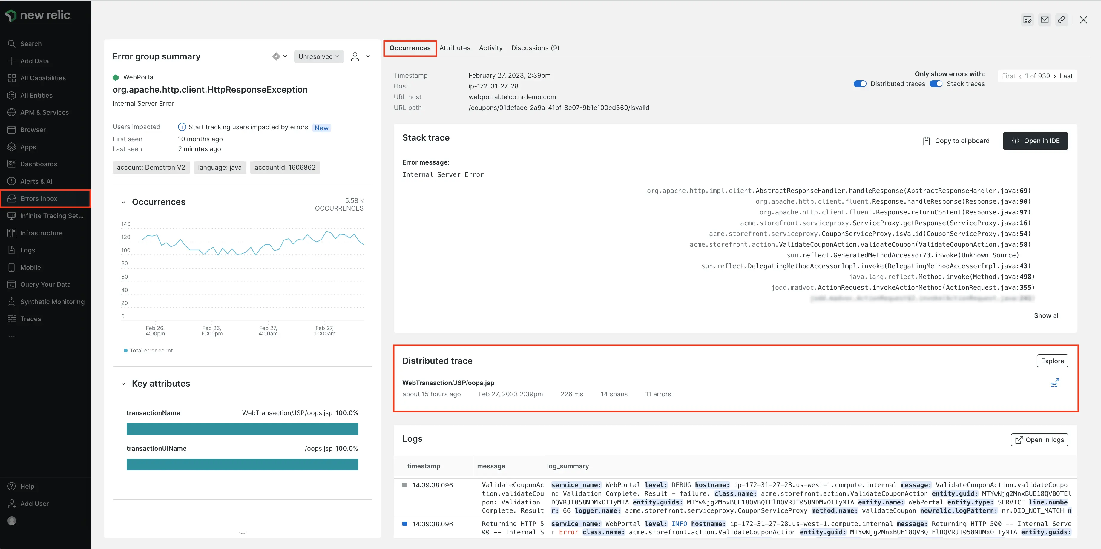 Error inbox - traces in context Click the Occurrences tab