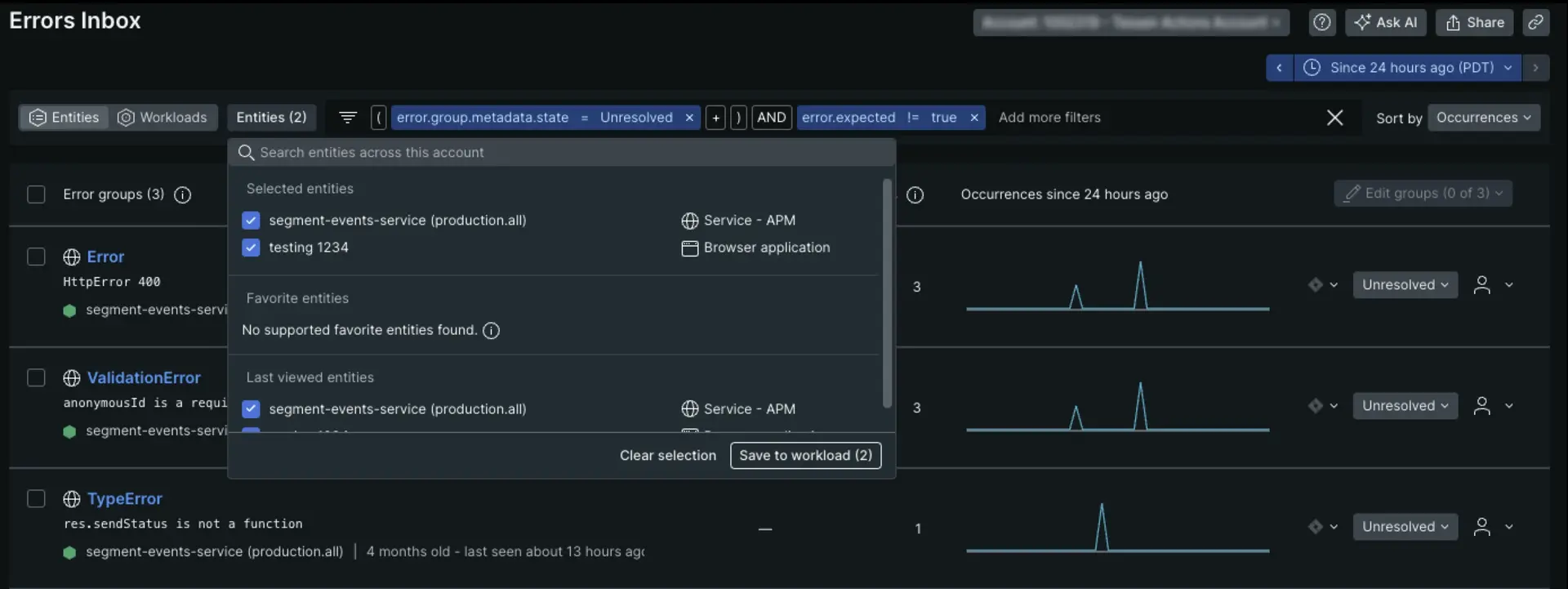 Errors inbox for Entities A screenshot depicting the first step of creating a workload