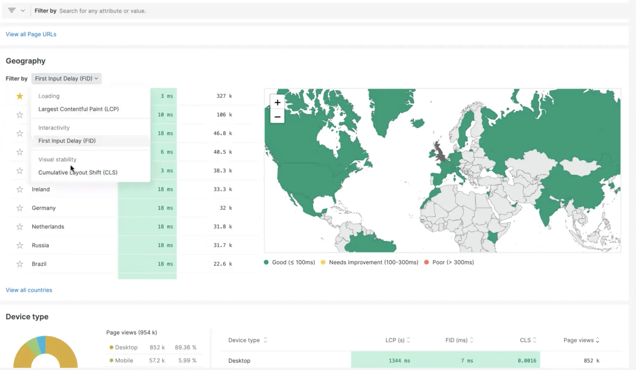 Our filterable map shows Web Vital performance by region; here high performing pages are highlighted in green. filterable geo