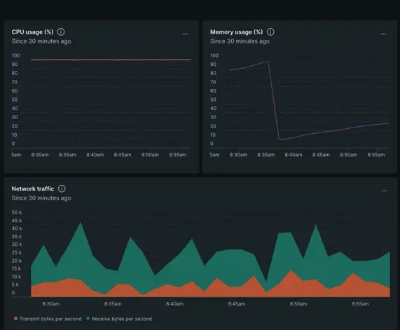Compare network time series with CPU time series A screenshot cropped to only display the network and CPU charts