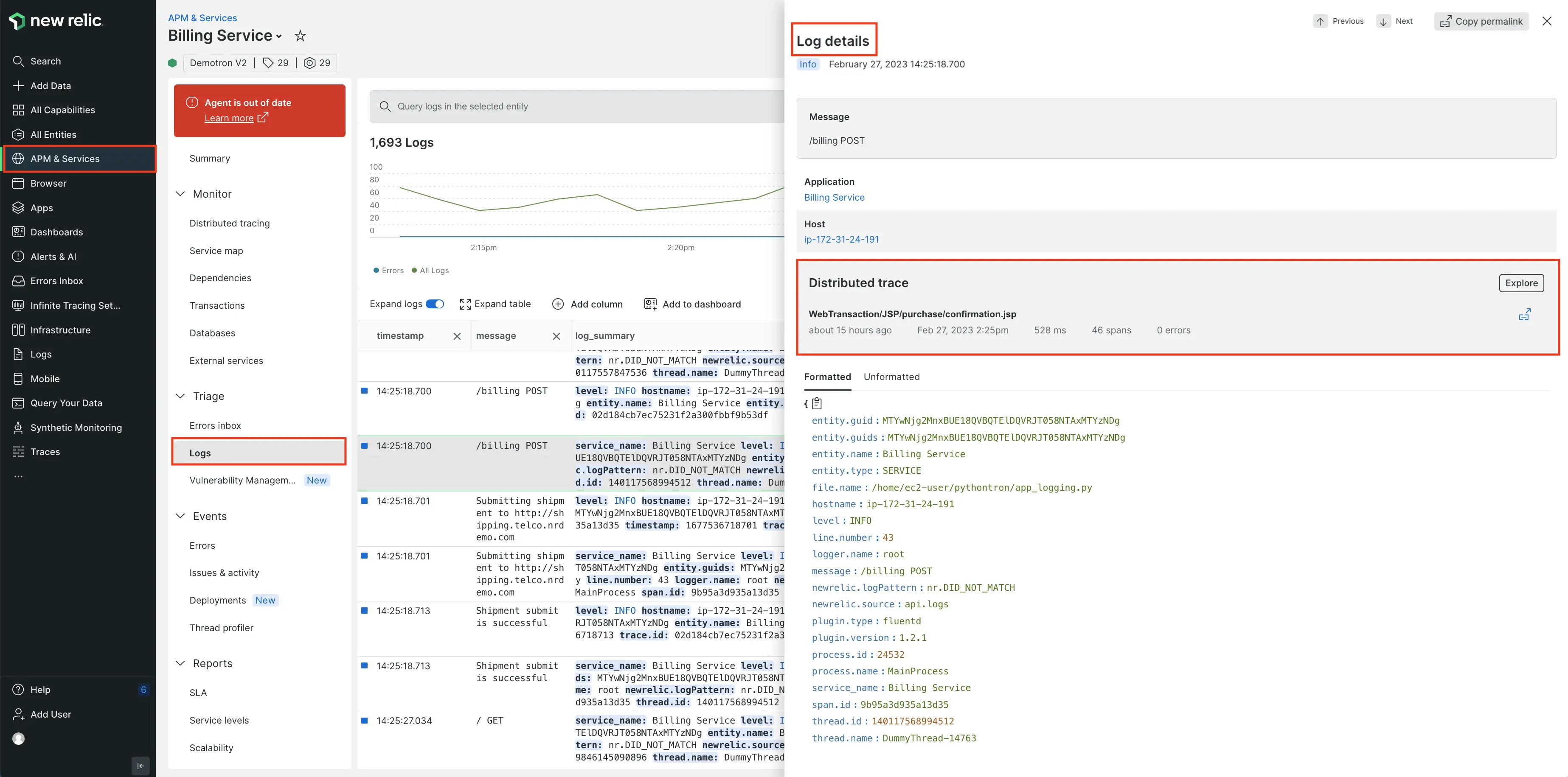 Logs - traces in context Click into the log details to see traces in context
