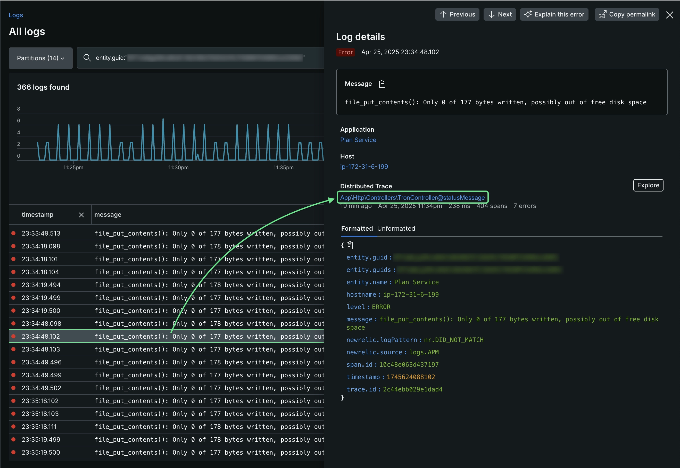 Screenshot showing how to reach the log details page