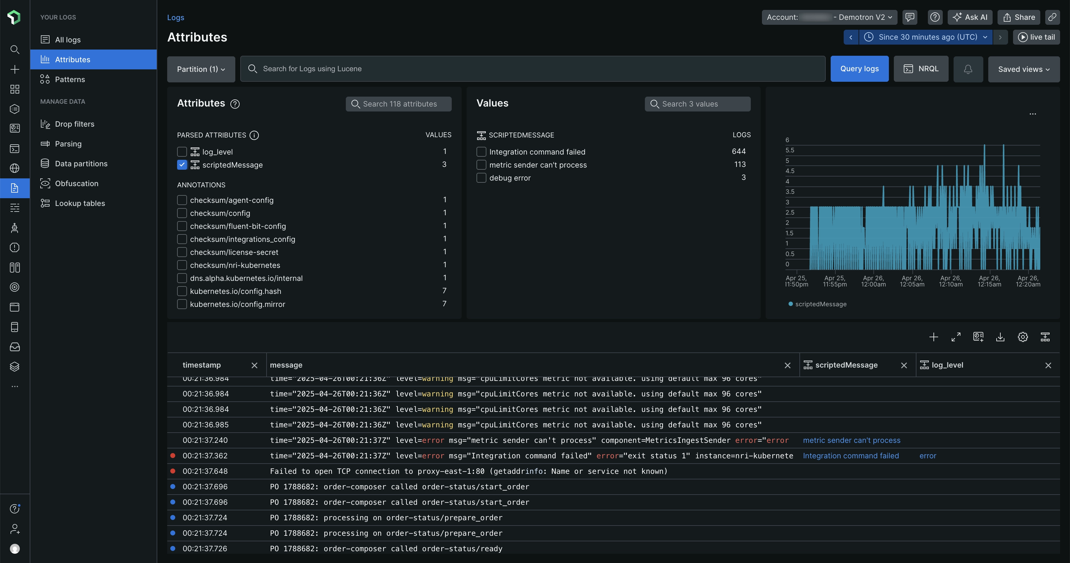 Screenshot showing the parsing attributes view Screenshot showing the parsing attributes view