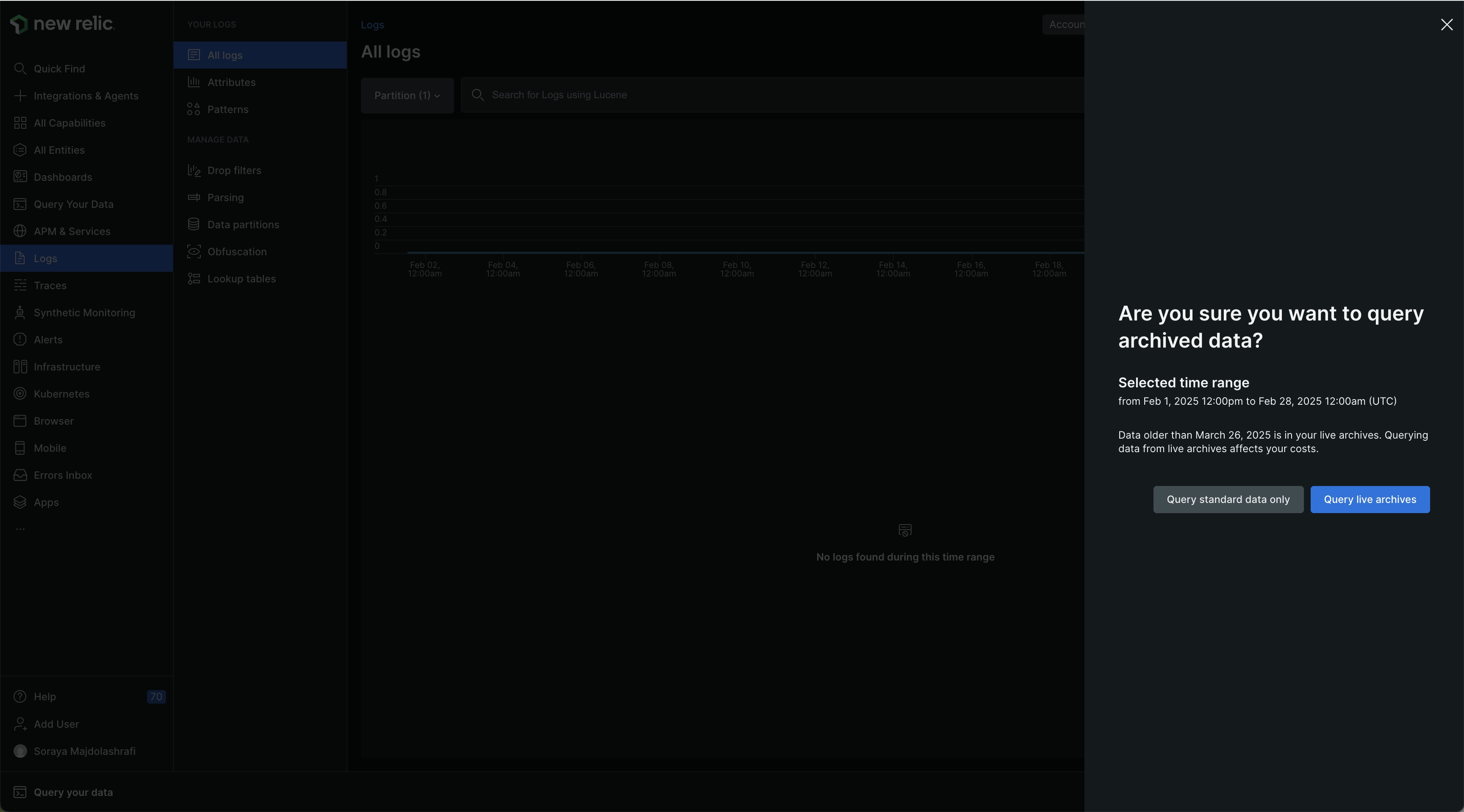 lucene live archives A screenshot showing a user how to query live archives in the logs UI