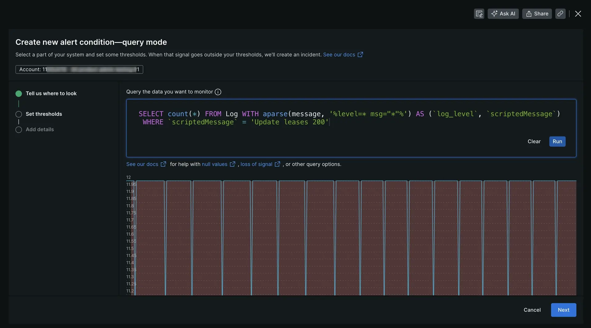 Screenshot showing the alert query builder Screenshot showing the alert query builder