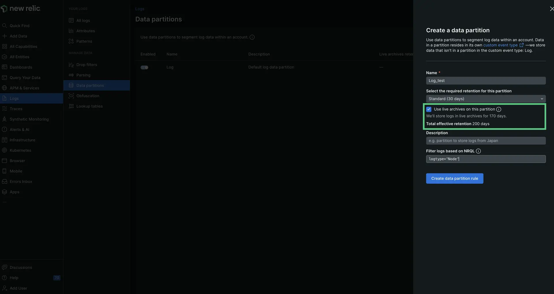 create a live archives partition A screenshot showing a user how to create a partition using live archives