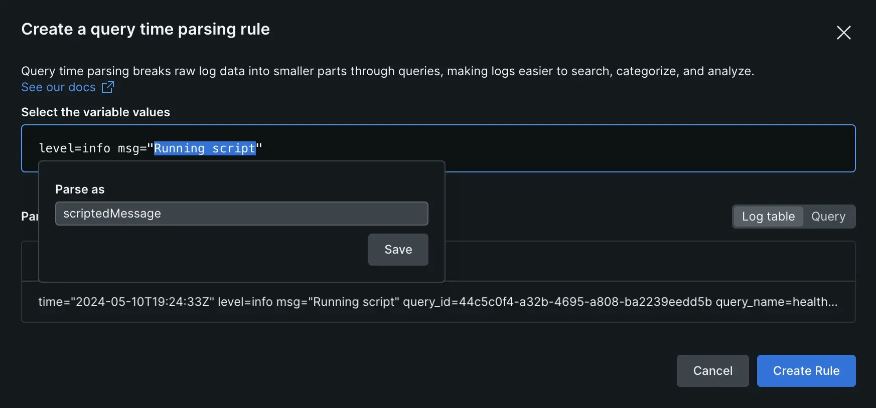 Screenshot showing how to extract values in the parser rule Screenshot showing how to extract values in the parser rule