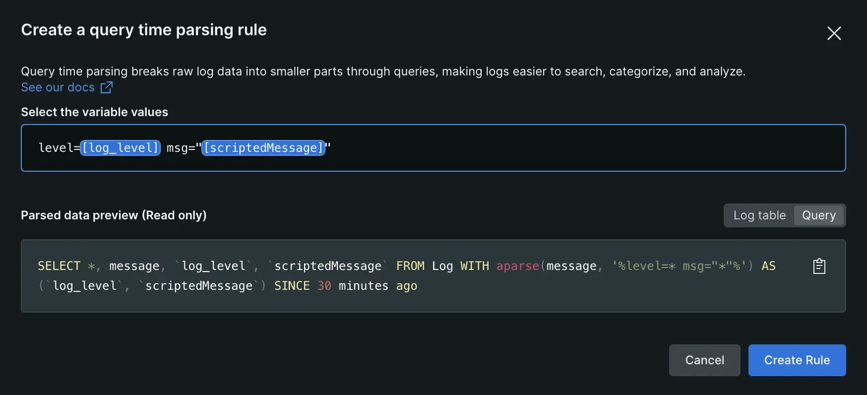 Screenshot showing the query behind the parsing rule Screenshot showng the query behind the parsing rule