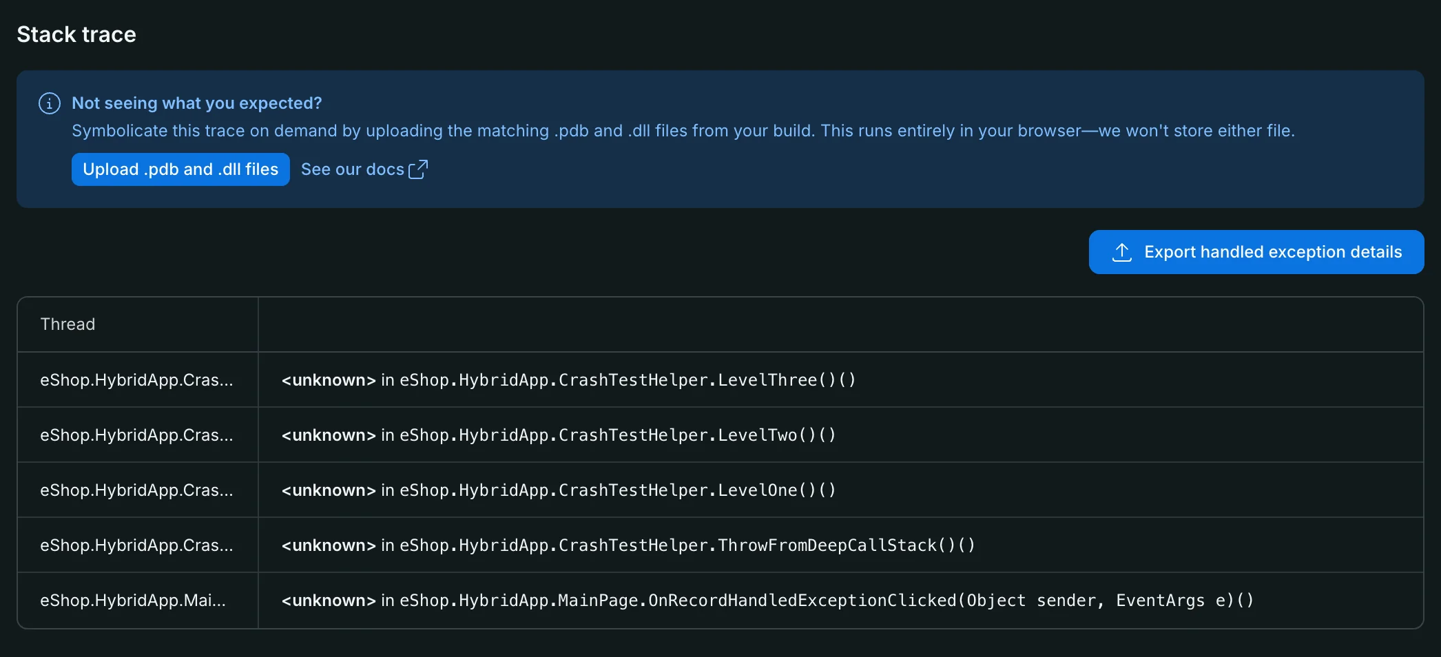 .NET MAUI C# error stack trace in Errors Inbox Screenshot of an unsymbolicated .NET MAUI C# stack trace with the option to upload .pdb and .dll files