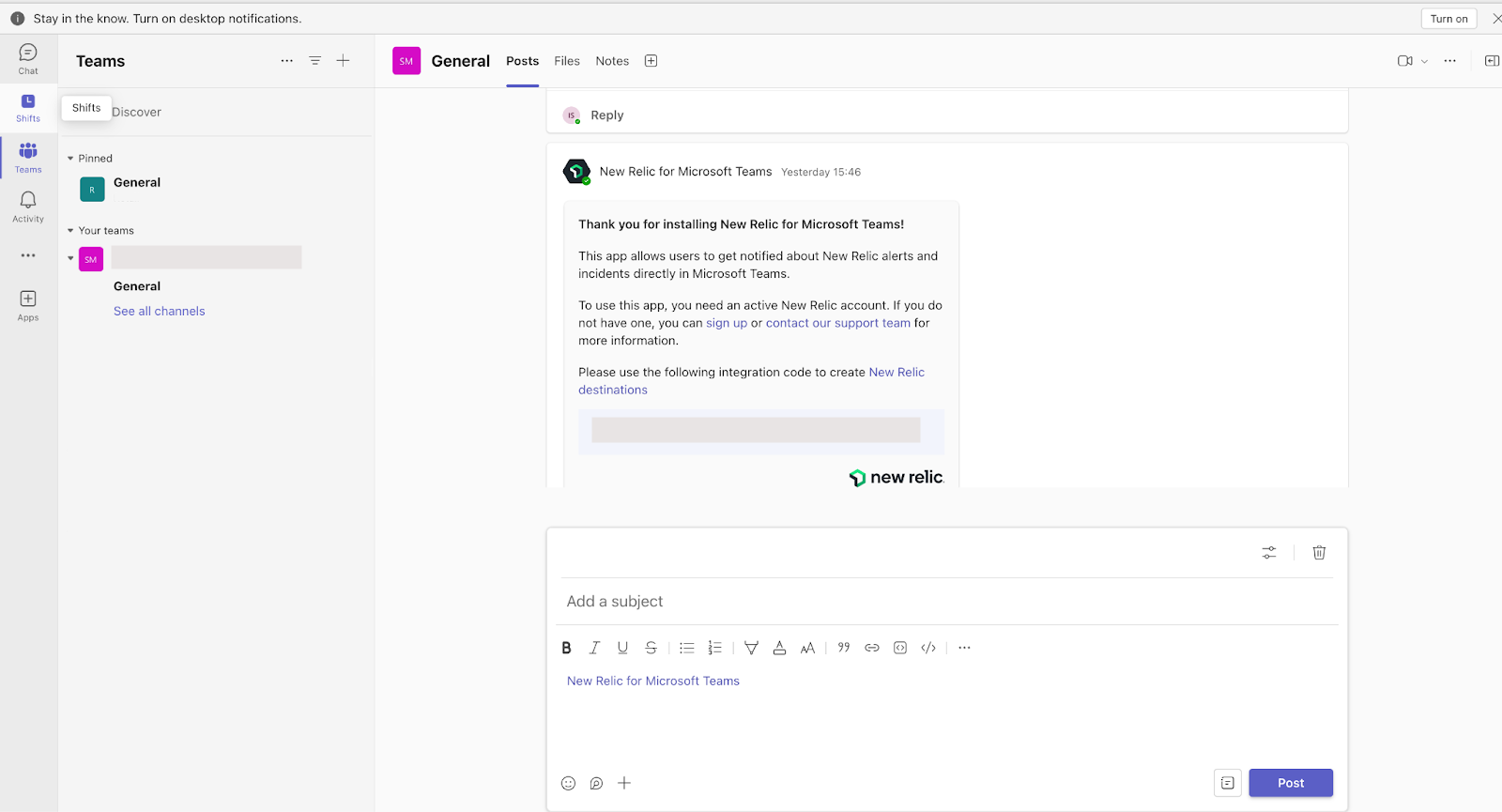 New Relic for Microsoft Teams app in Microsoft Teams New Relic for Microsoft Teams app