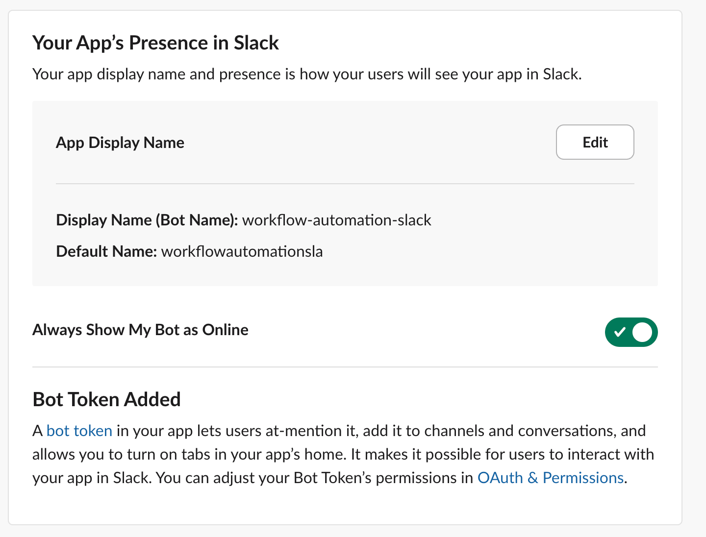 Always show My Bot as Online The Slack App Home page with the My Bot online status highlighted.