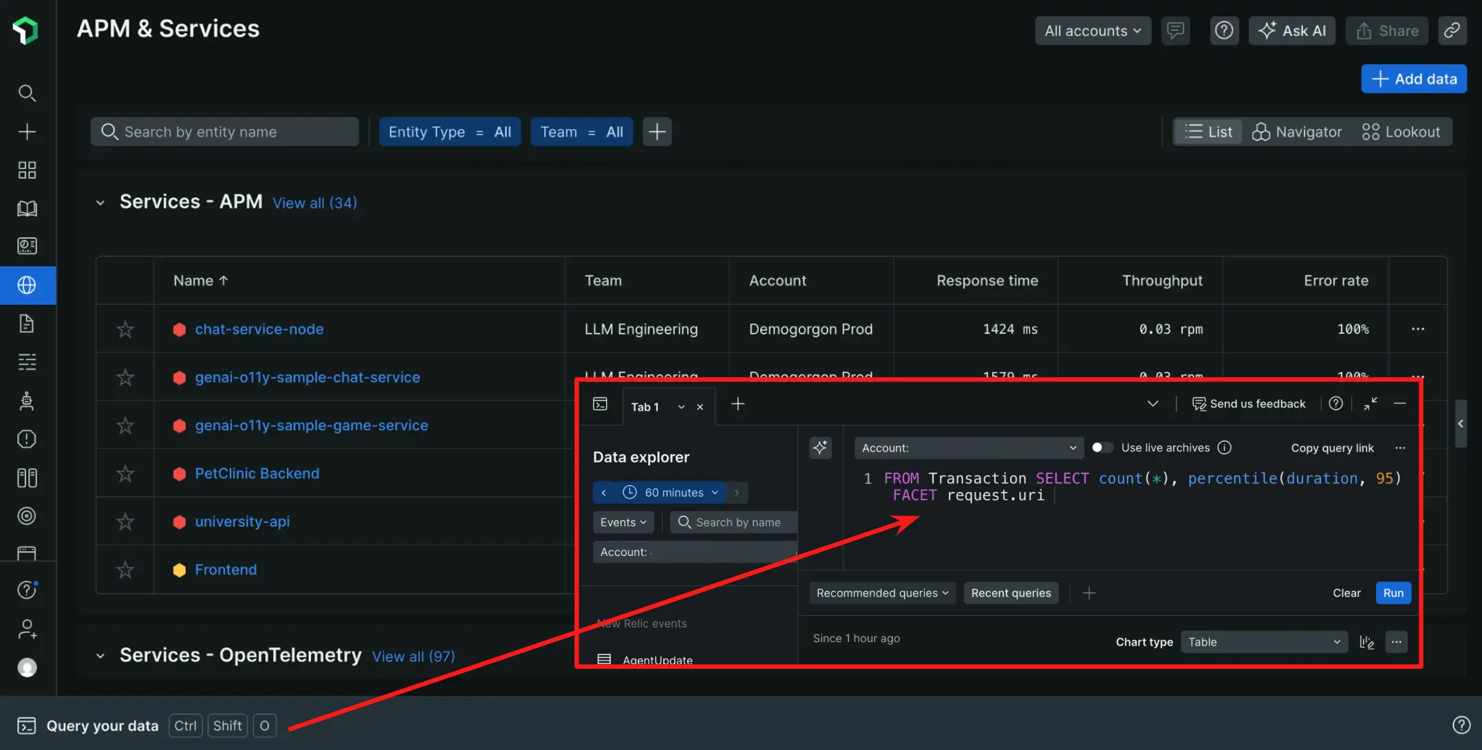 Open the new query console at the bottom of the New Relic UI Open the new query console at the bottom of the New Relic UI