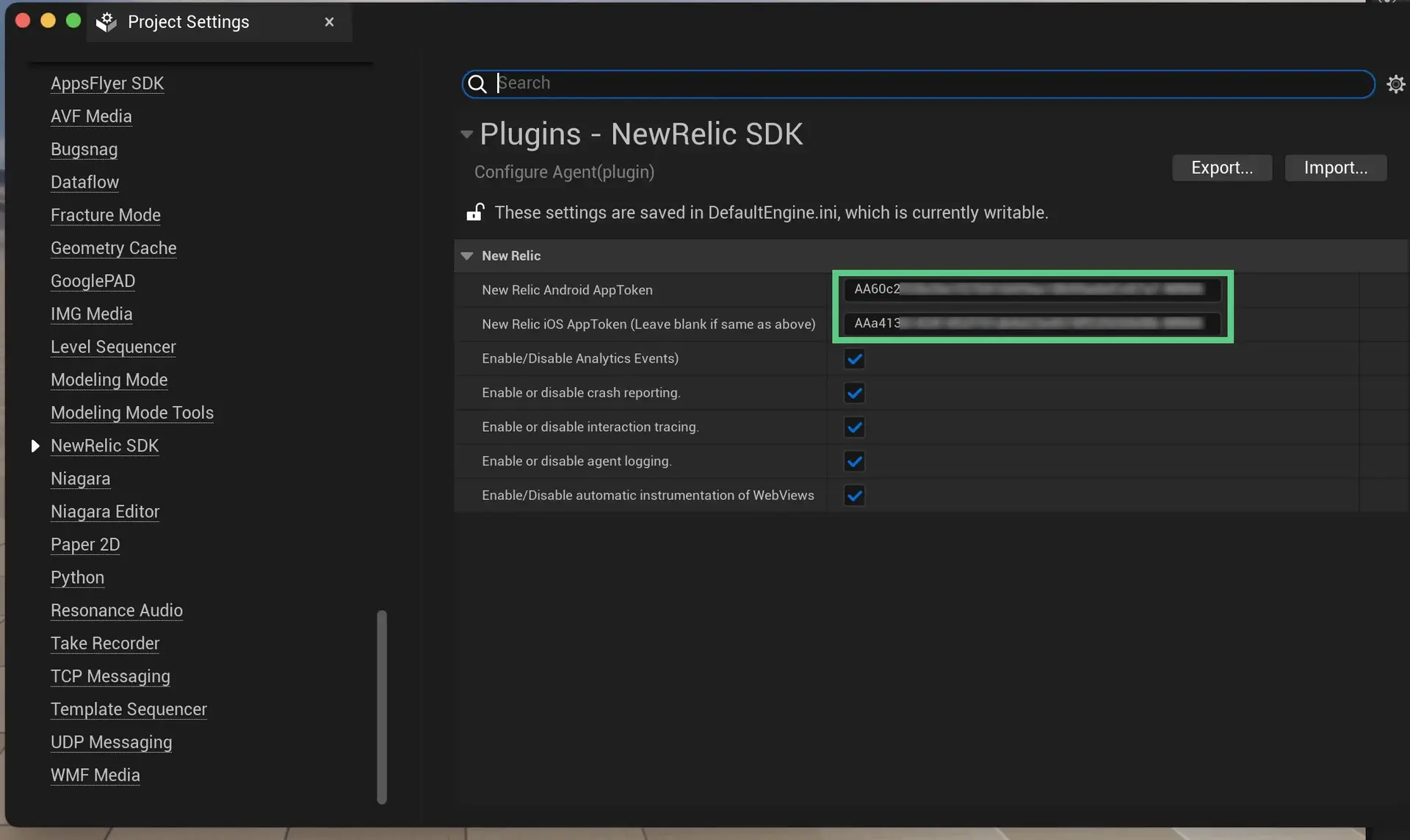 Unreal editor Screenshot of the Unreal editor to configure settings