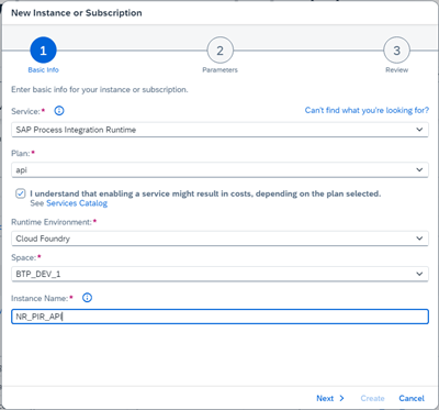 Process Integration Instance The Create Instance dialog showing Service, Plan, Runtime Environment, Space, and Instance Name fields