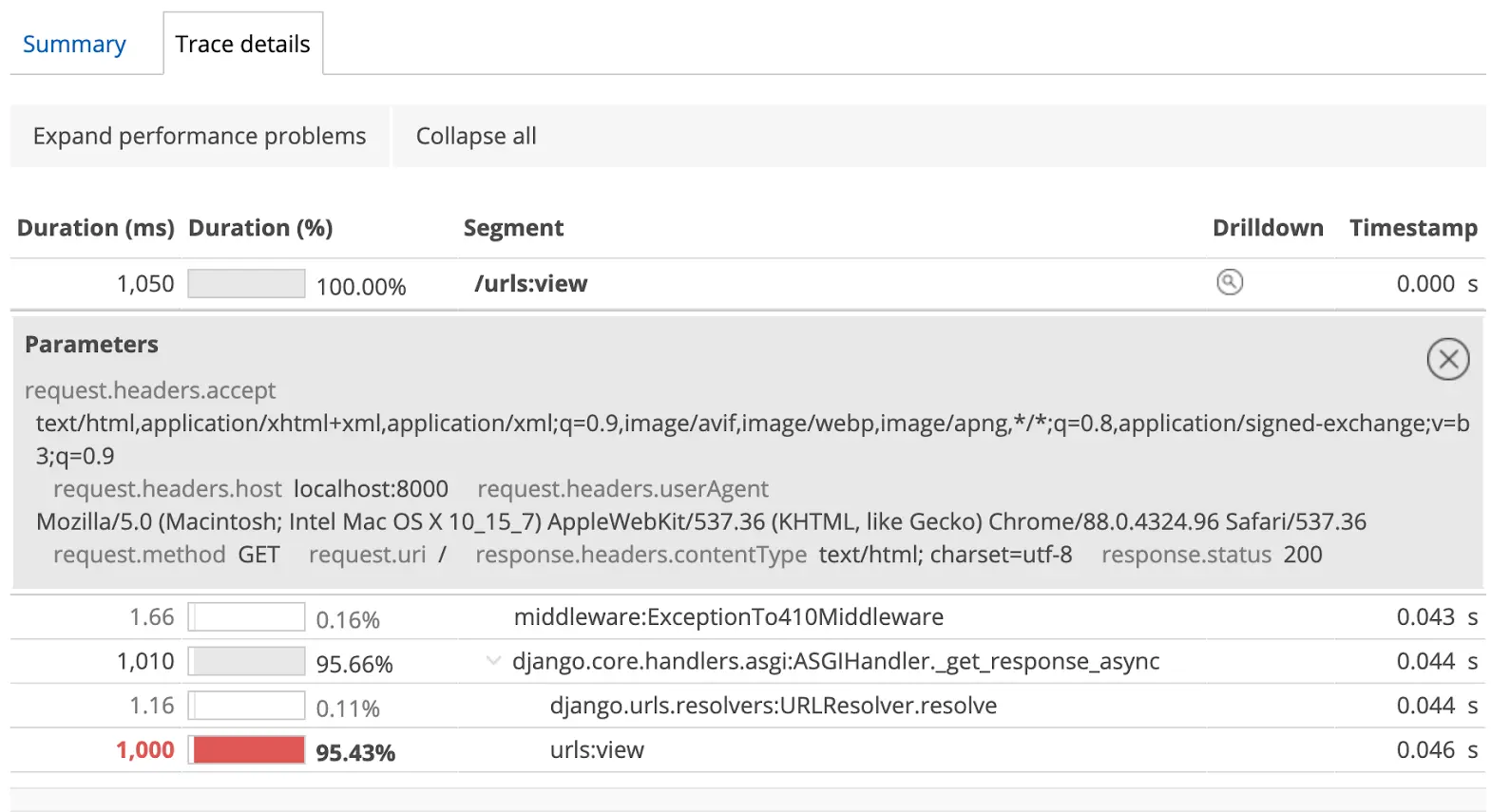 python-httpx.webp Screenshot showing the UI tab "trace details" with Django ASGI information.