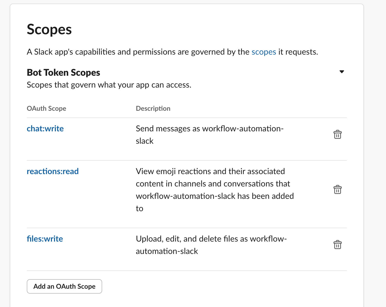 Workflow automation Slack scopes The image of the scope that needs to be added for workflow automation Slack actions.