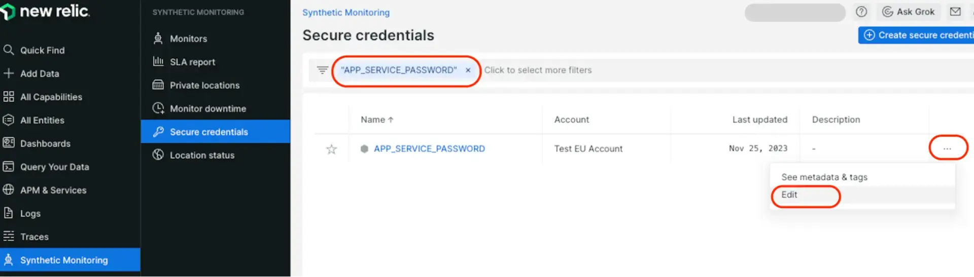 Screenshot showing how to use the filter bar to locate a specific secure credential Screenshot showing how to use the filter bar to locate a specific secure credential