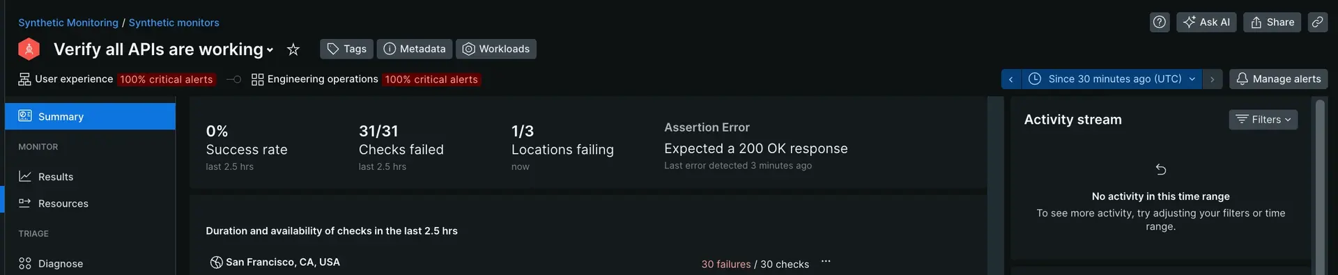 Synthetic monitor critical alert A screenshot that shows where your critical alerts are located in the UI.