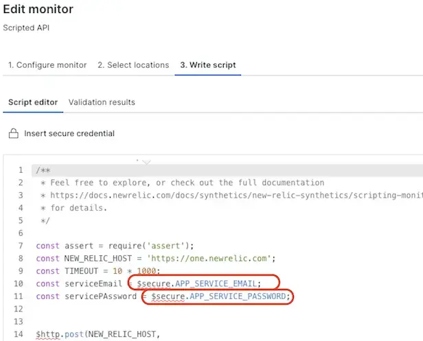 Screenshot showing secure credentials in use inside a script Screenshot showing secure credentials in use inside a script