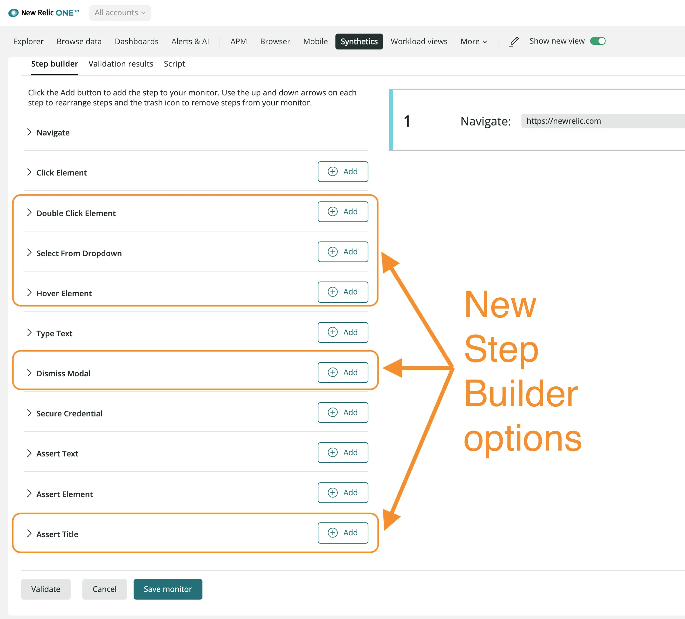 Synthetics - New Step Builder Options Highlighted Synthetics - New Step Builder Options Highlighted