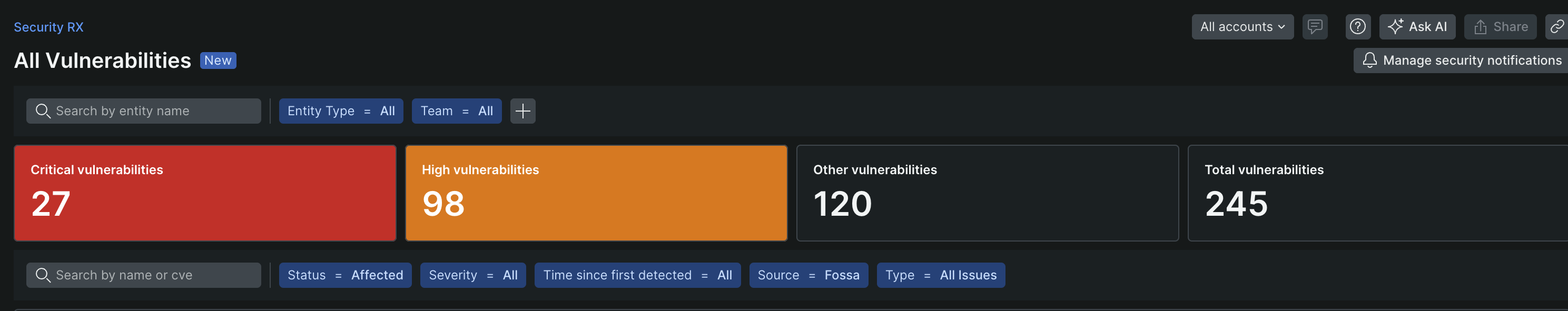 Vulnerabilities tab Security RX vulnerabilities tab